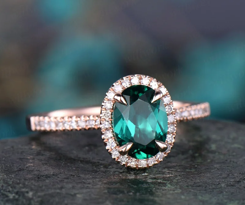 Emerald engagement ring 14k rose gold emerald ring vintage real diamond ring unique halo may birthstone promise wedding ring