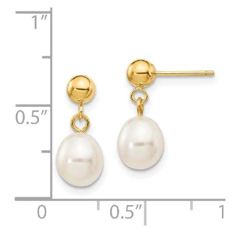 14k Yellow Gold 6-7mm White Pearl Dangle Earrings (L-14 mm, W-6.5 mm)