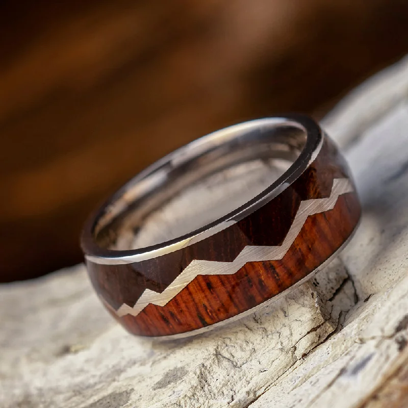 Titanium Mountain Ring with Dark Cherry Burl and Cocobolo Wood