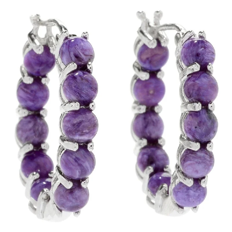 925 Sterling Silver Charoite Hoop Earrings