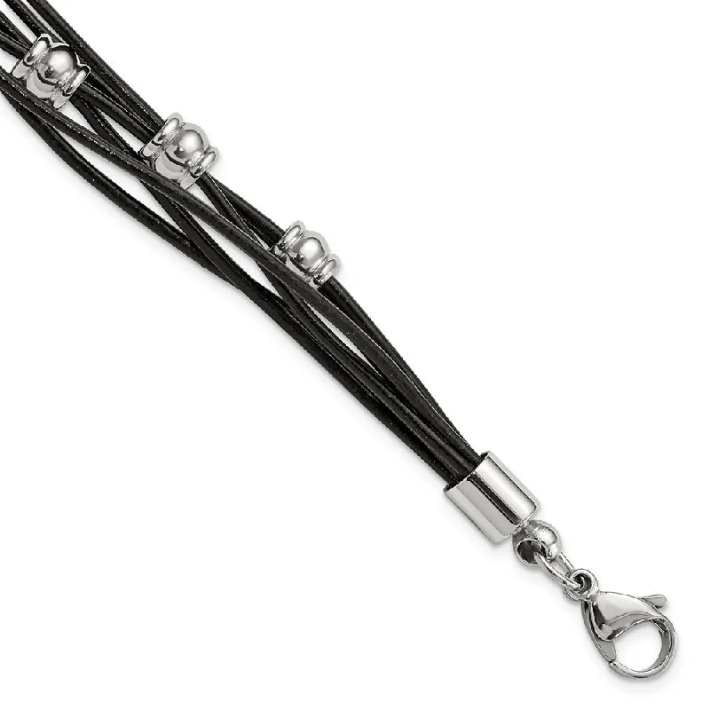 Multi Strand Black Leather Stainless Steel Bead Bracelet, 7.5 Inch