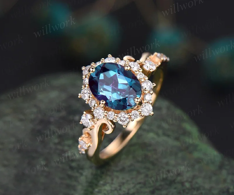 Vintage oval cut alexandrite engagement ring snowdrift halo diamond ring 14k yellow gold June birthstone  unique bridal ring women jewelry