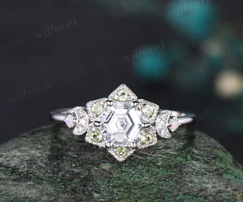 Vintage Hexagon moissanite engagement ring Unique 14K white Gold Floral moissanite Halo Wedding Promise Ring Natural Peridot Anniversary Ring