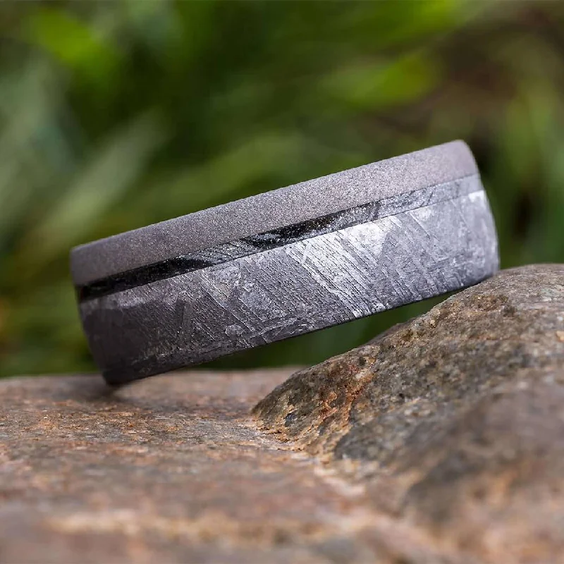 Meteorite Wedding Band with Black and White Mokume