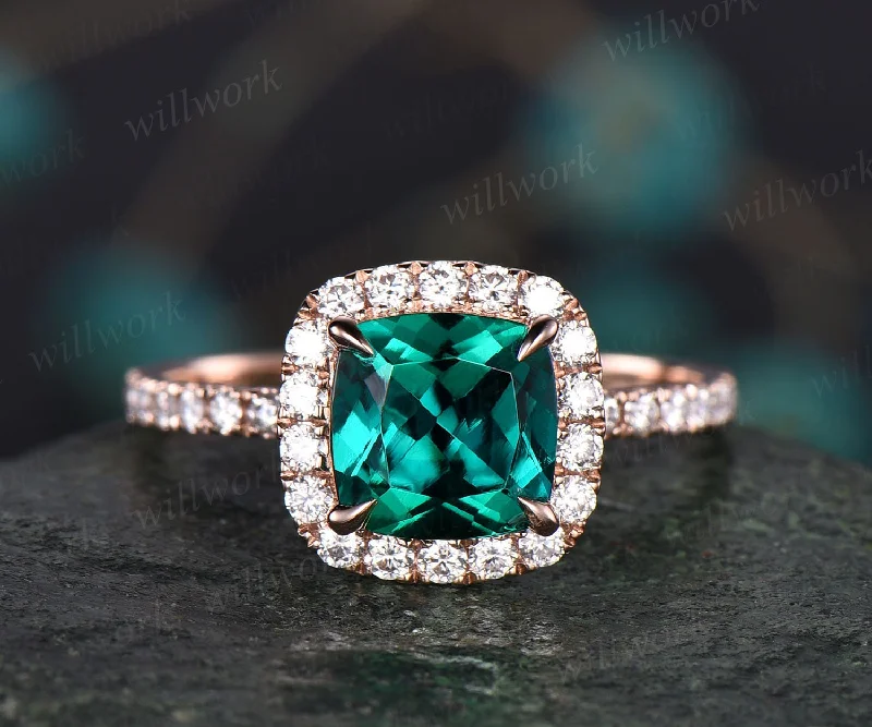 7mm cushion cut emerald engagement ring solid 14k rose gold moissanite halo ring emerald ring gold vintage bridal wedding promise ring