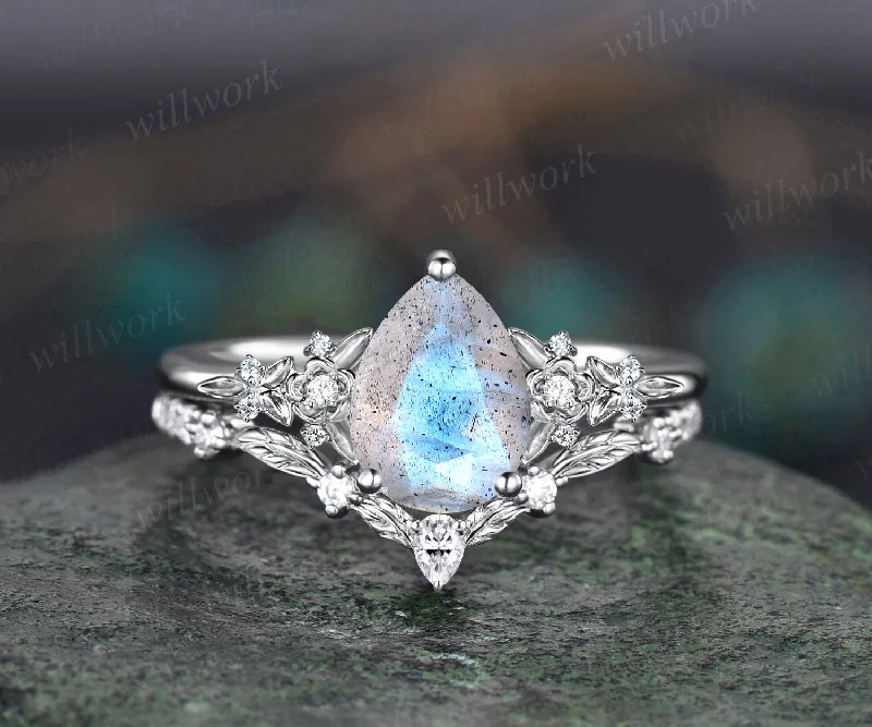 READY TO SHIP: 2PC Labradorite Engagement Ring Set - 10k White Gold - Ring Size: 6 US