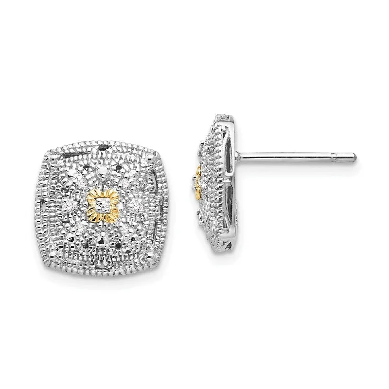 925 Sterling Silver w/ 14k Diamond Stud Earrings (L-11 mm, W-11 mm)