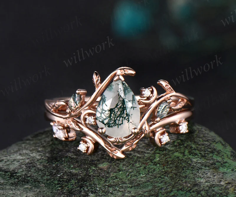 Pear cut moss agate ring vintage rose gold diamond leaf branch moon engagement ring women stacking bridal ring set jewelry