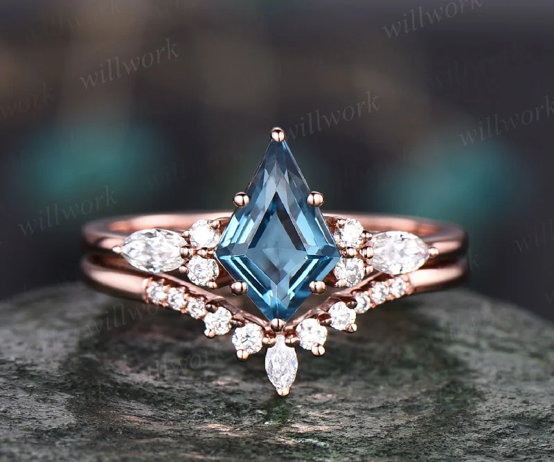 Kite cut London blue topaz engagement ring set vintage rose gold marquise moissanite ring set December birthstone ring anniversary ring