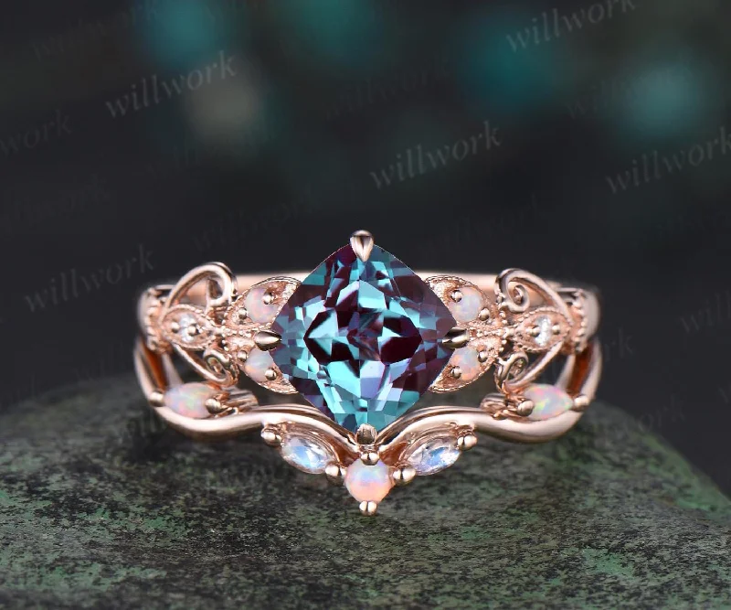 Vintage cushion cut alexandrite engagement ring set rose gold butterfly Milgrain opal ring women moonstone stacking wedding bridal set gift