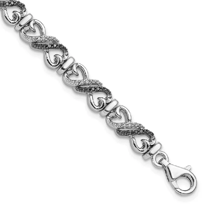 Black & White Diamond 6mm Heart Bracelet in Sterling Silver, 7.5 Inch