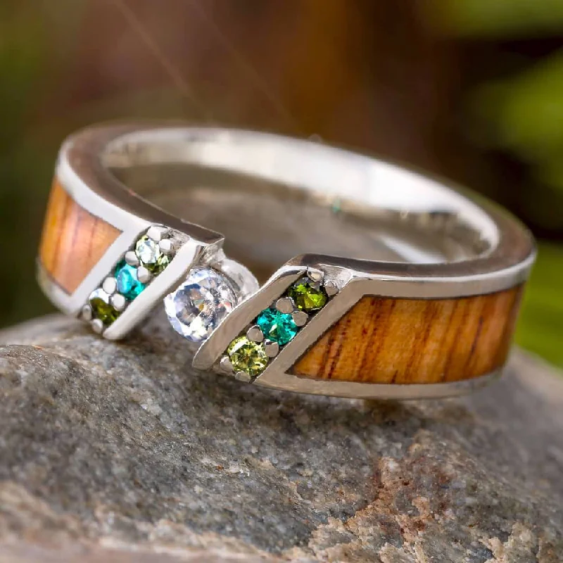 Tulipwood Ring with Moonstone and Green Gemstone Accents