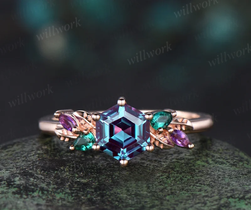 Unique Hexagon Cut Alexandrite Engagement Ring rose gold Leaf Nature Inspired Wedding Ring Art Deco Emerald Amethyst Cluster Five Stone Ring