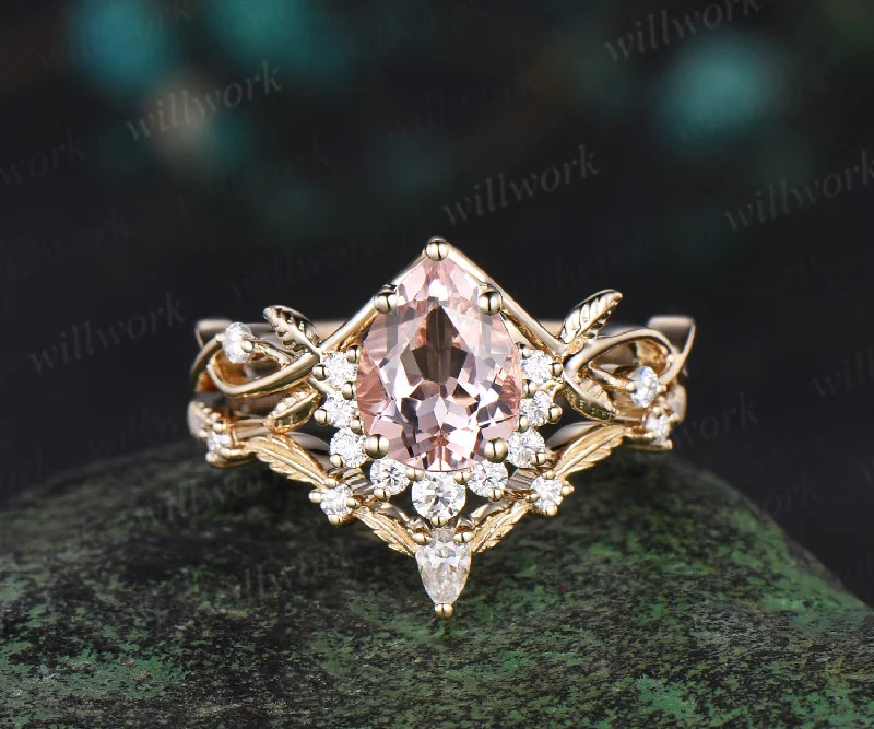 Pear cut morganite engagement ring vintage infinity diamond leaf ring set stacking unique wedding promise ring women gift