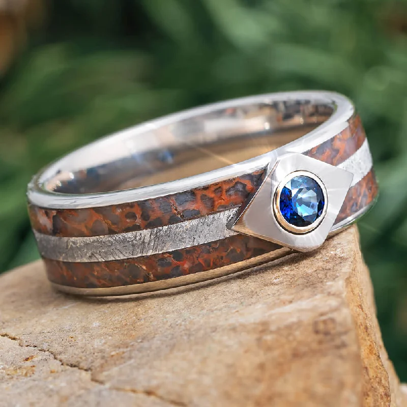 Meteor Engagement Ring with Sapphire, Titanium Ring Inlaid with Dinosaur Bone