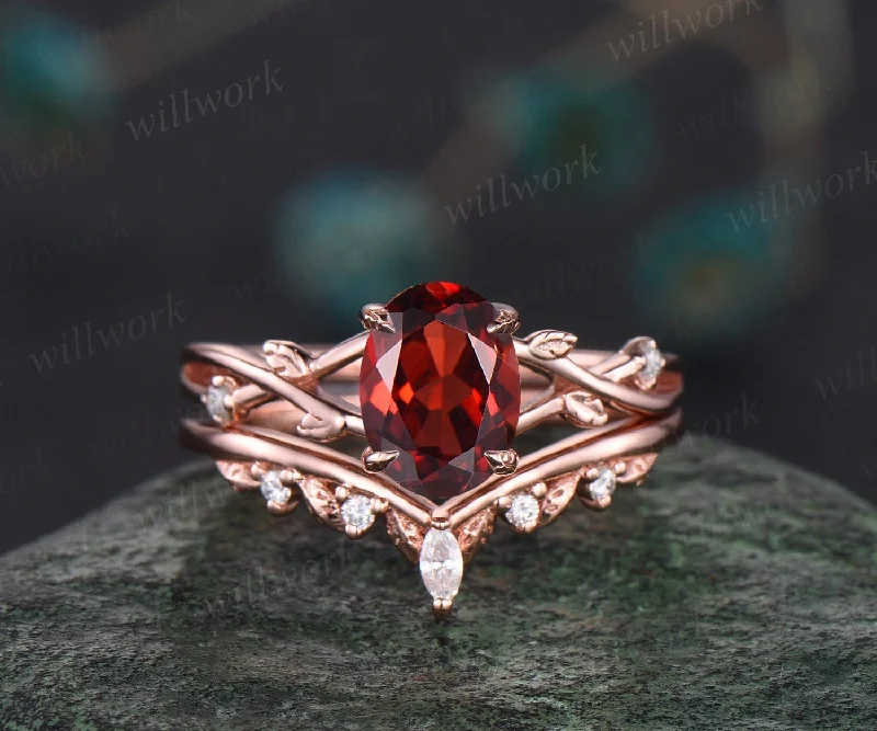 Vintage oval red garnet engagement ring nature inspired leaf three stone art deco diamond bridal wedding ring set women rose gold gemstone