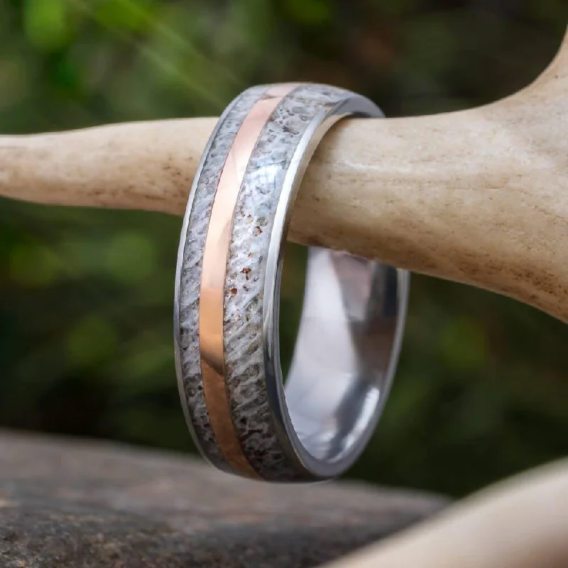 Custom Antler Wedding Band with Rose Gold Pinstripe