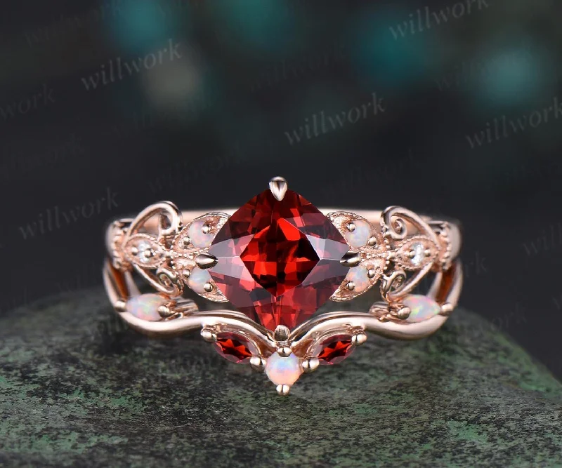 Vintage cushion cut red garnet engagement ring set rose gold butterfly Milgrain opal ring women stacking anniversary ring set gift