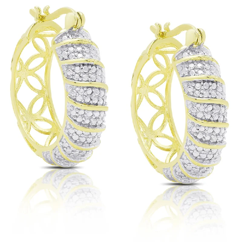 Finesque Gold Over Silver Diamond Accent Stripe Design Hoop Earrings