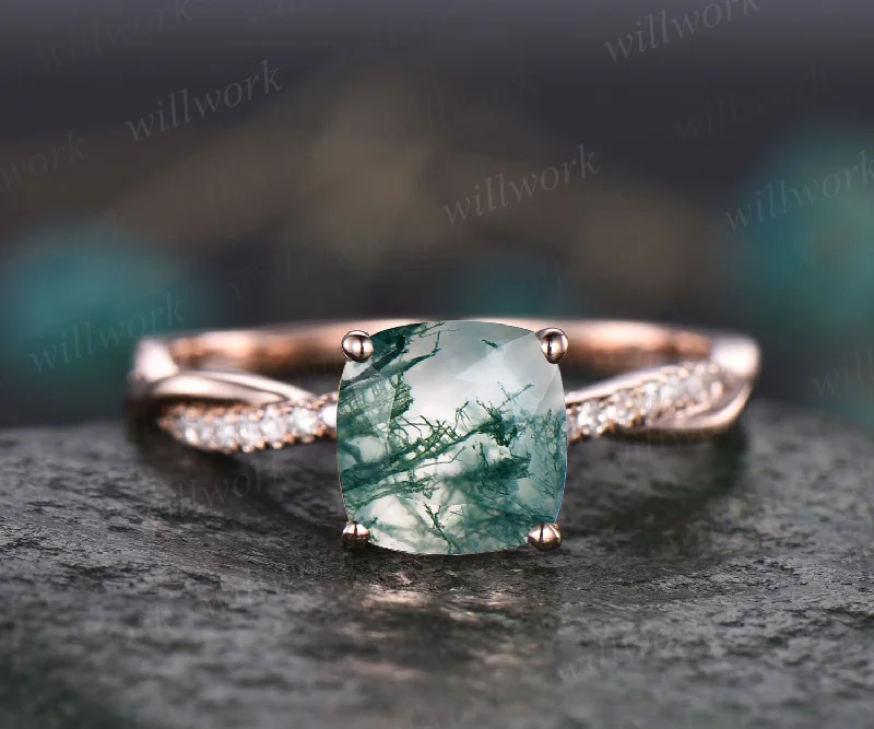 Cushion moss agate engagement ring for women vintage rose gold ring twisted infinity diamond ring eternity ring organic stone ring jewelry