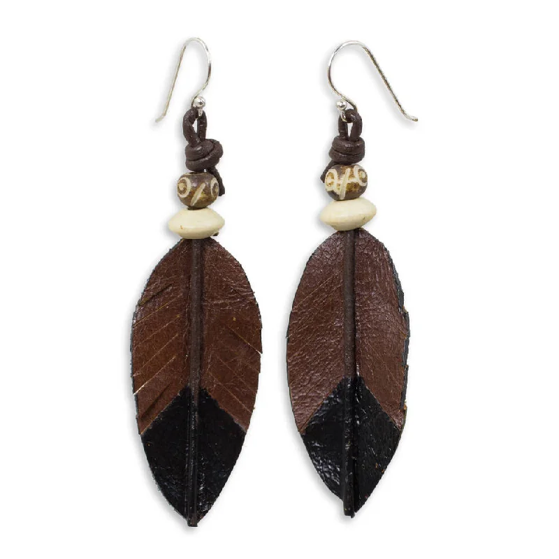 Handmade Leaf Feather Leather Earrings (Thailand) - Brown - 3L*0.9W