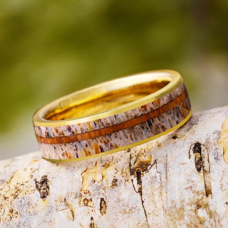 Polished Gold Ring With Deer Antler and Oak Wood