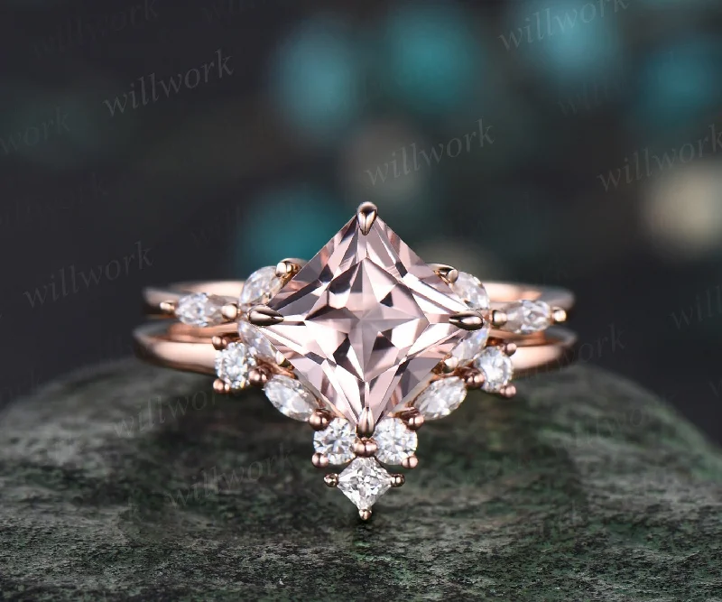 Princess cut morganite engagement ring set solid 14k rose gold cluster marquise cut diamond promise wedding bridal ring set women jewelry