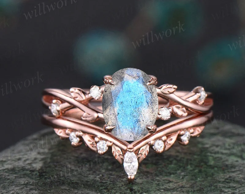 Oval blue labradorite engagement ring set twig branch ring curved leaf moissanite wedding band bridal set for women