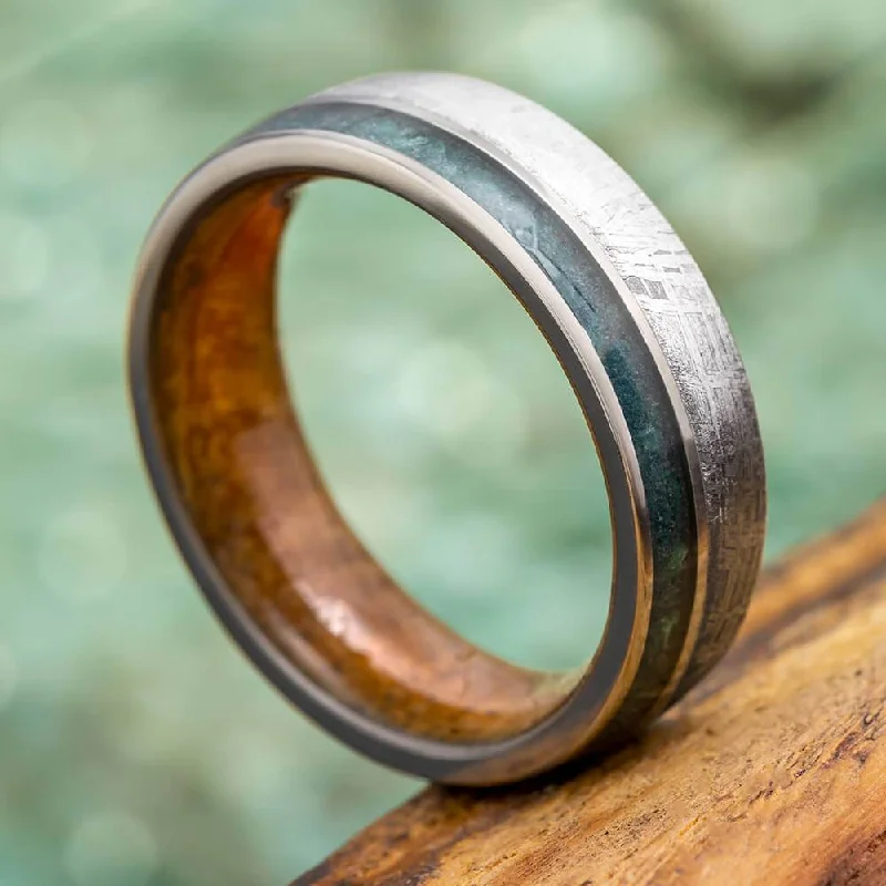 Emerald Wedding Band With Meteorite and Whiskey Oak