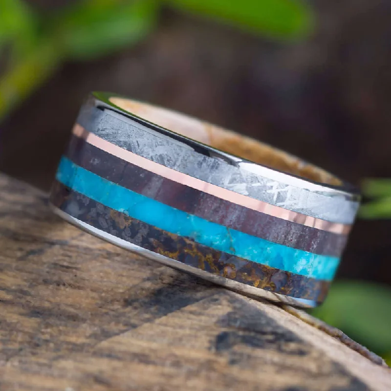 Men's Wedding Band With Whiskey Oak Sleeve, Turquoise, Meteorite & Dinosaur Bone