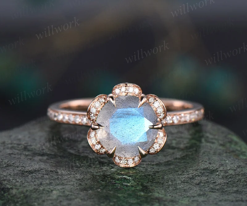 Round cut blue labradorite engagement ring flower halo moissanite vintage 14k rose gold half eternity band wedding ring gifts for her