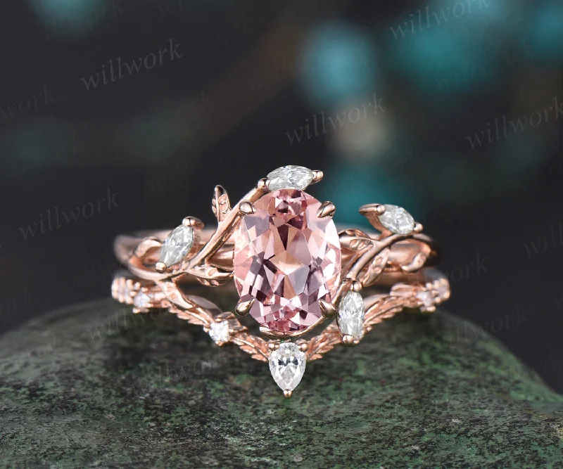 Vintage oval cut morganite engagement ring 14k rose gold leaf nature inspired ring women unique cluster diamond bridal wedding ring set