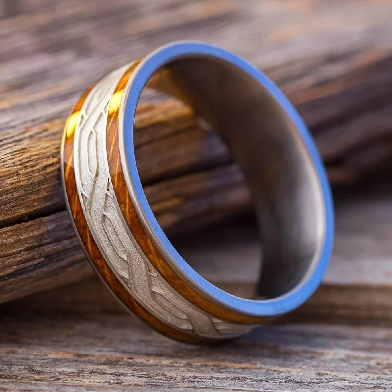 Whiskey Barrel Wood Wedding Band with Silver Celtic Knot Pattern