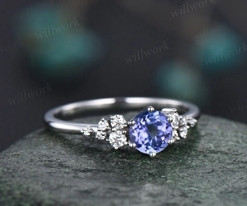 Round natural blue tanzanite ring vintage unique engagement ring 14k white gold 6 prong snowdrift diamond anniversary wedding ring for women