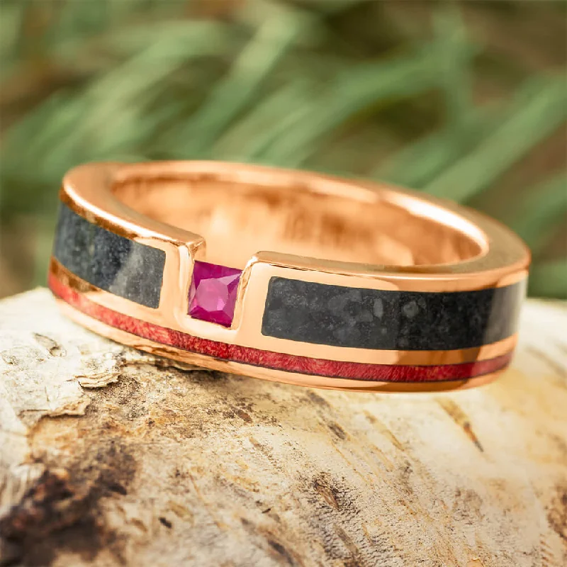 Rose Gold and Ruby Wedding Band for Men with Onyx