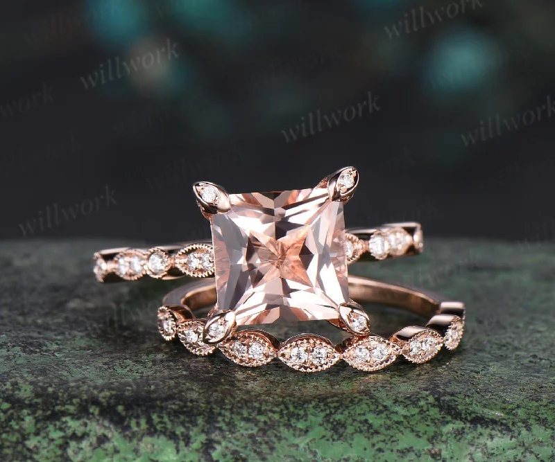 Vintage princess cut morganite engagement ring set 14k rose gold Milgrain under halo pyramid diamond promise wedding ring set women jewelry