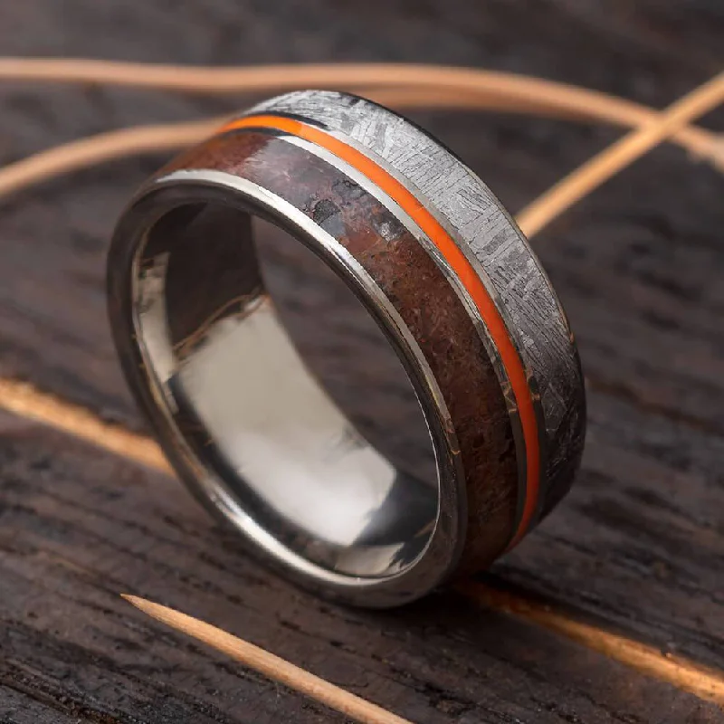 Titanium Ring With Dinosaur Bone, Meteorite & Orange Enamel