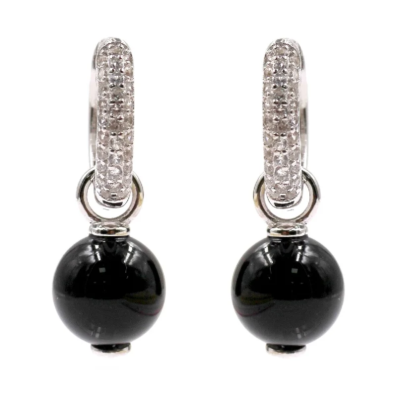 925 Sterling Silver Black Onyx And White Natural Zircon Dangle Earrings