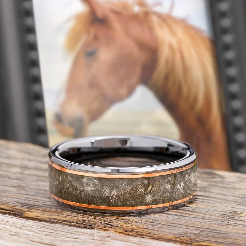 Tungsten Horse Hoof Ring with Rose Gold Pinstripes