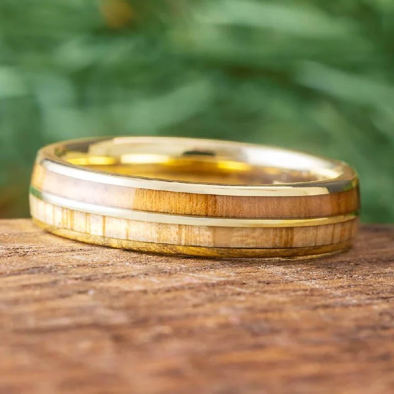 Double Inlay Wood Wedding Band in 14k Yellow Gold