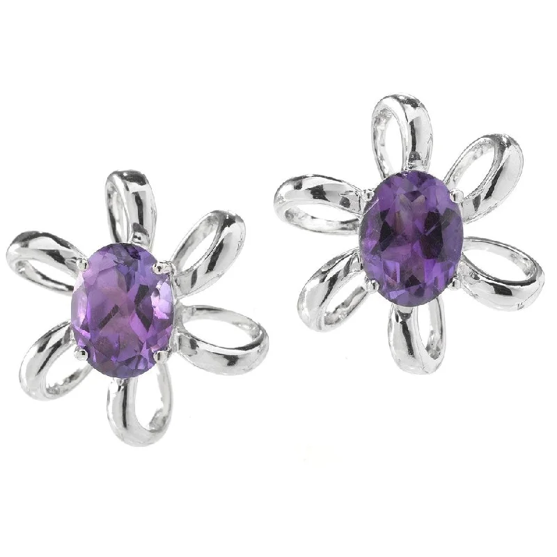 Sterling Silver Oval Amethyst Flower Stud Earrings