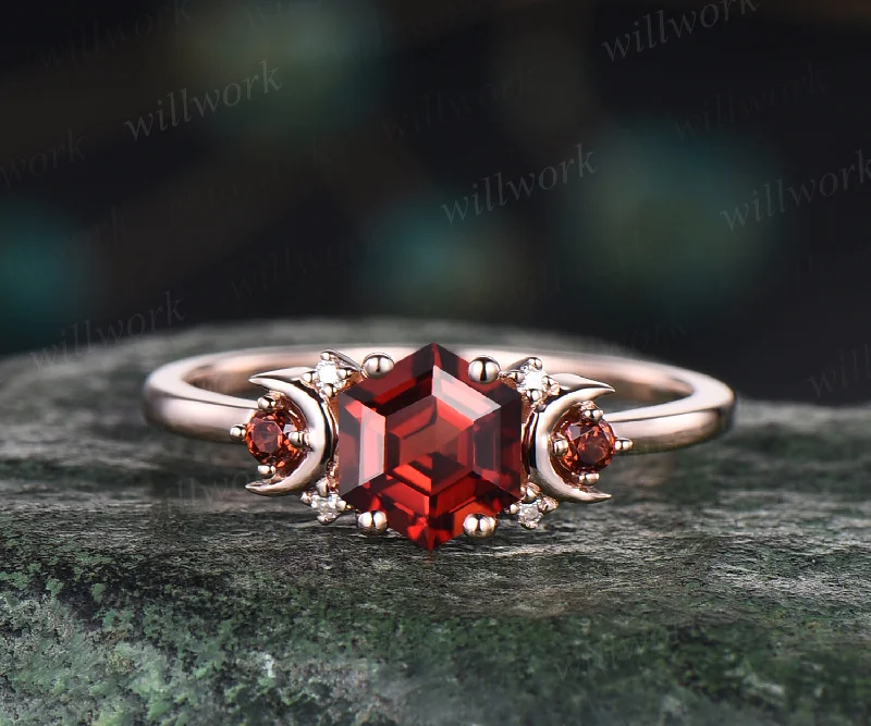 Hexagon natural red garnet engagement ring art deco moon garnet ring nature inspired wedding ring January birthstone ring gifts for women