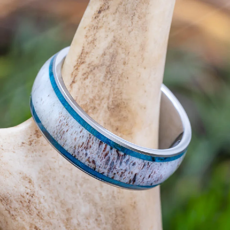 Antler Wedding Band with Blue Box Elder Burl Wood