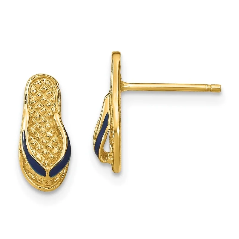 Diamond2Deal 14K Yellow Gold Blue Enamel Single Flip-Flop Stud Earrings (L- 11.8 mm)