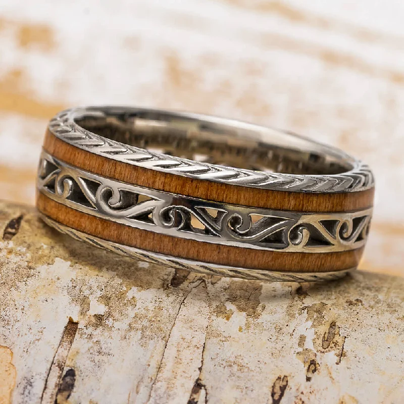 Cherry Wood and Gold Wedding Band with Vintage Design