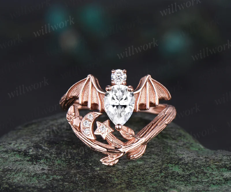 Pear shaped moissanite ring vintage rose gold moon bat engagement ring 14k rose gold retro leaf star diamond promise wedding ring women