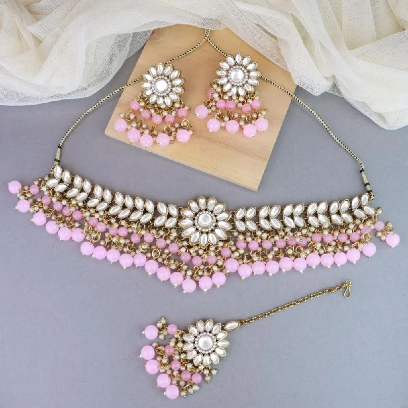 Etnico 18K Gold Plated Traditional Kundan Studded Pink Pearl Hanging Choker Necklace Jewellery Set With Earrings & Maang Tikka For Women & Girls (K7232Pi)