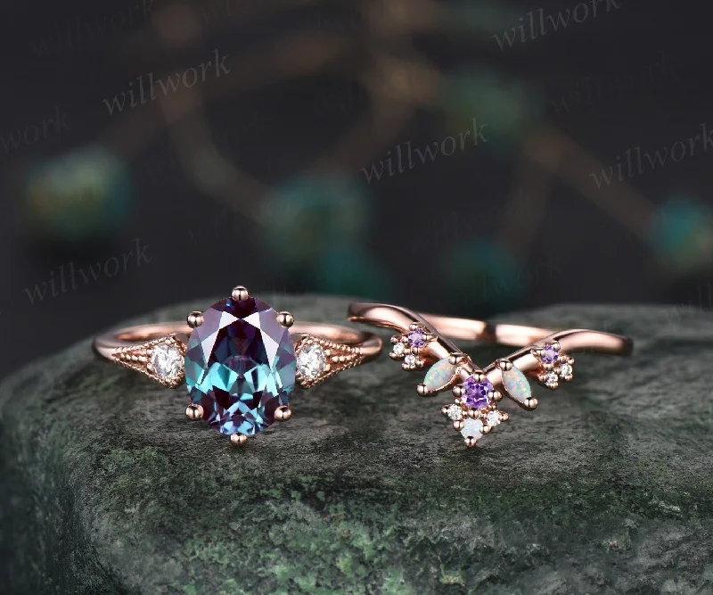 Vintage style 2ct oval Alexandrite engagement ring set rose gold three stone cluster moissanite wedding bridal ring set women fine jewelry