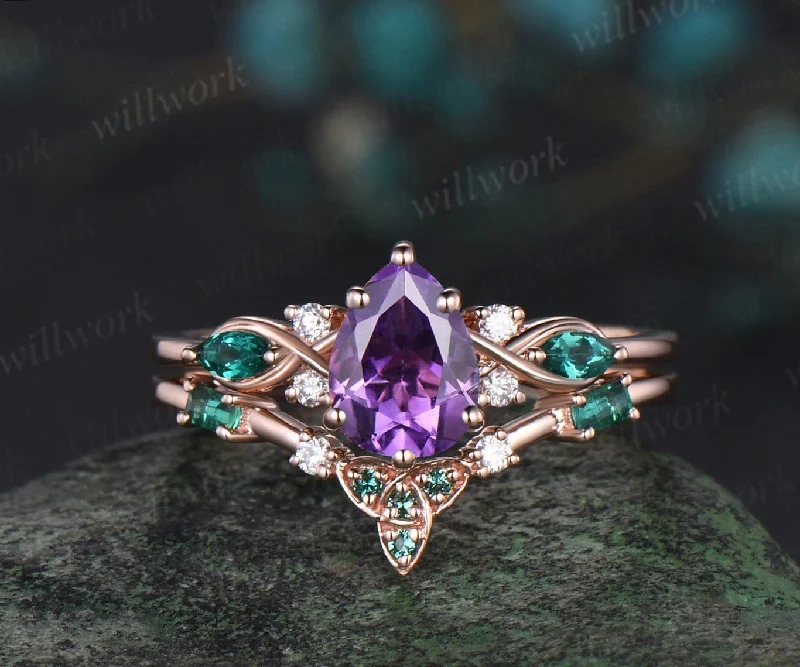 Pear purple amethyst engagement ring rose gold infinity twisted Celtic knot Baguette cut emerald February birthstone ring women gift