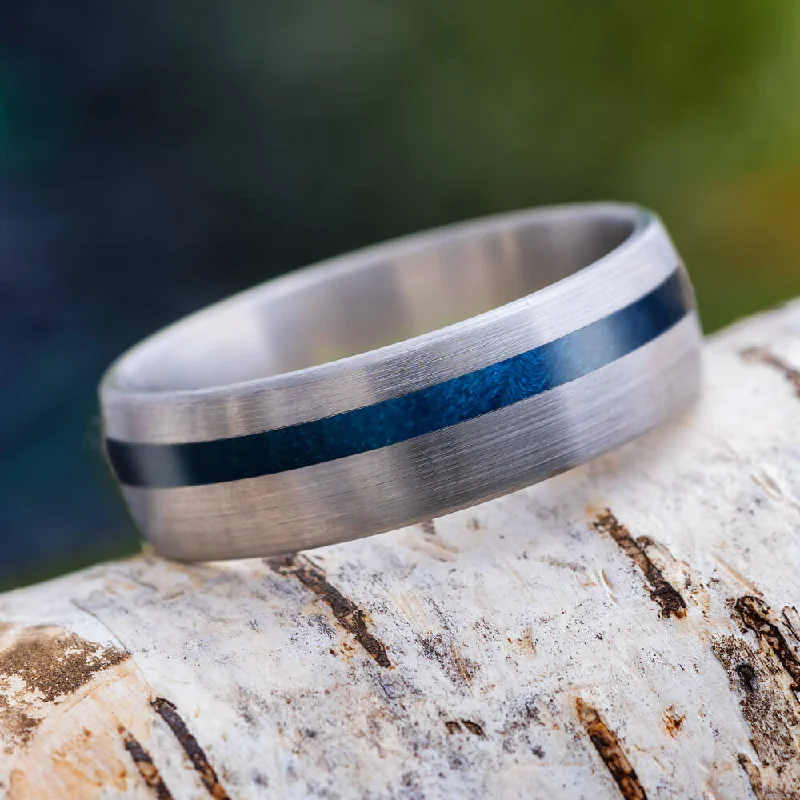 Blue Box Elder Wood Wedding Band With Brushed Titanium